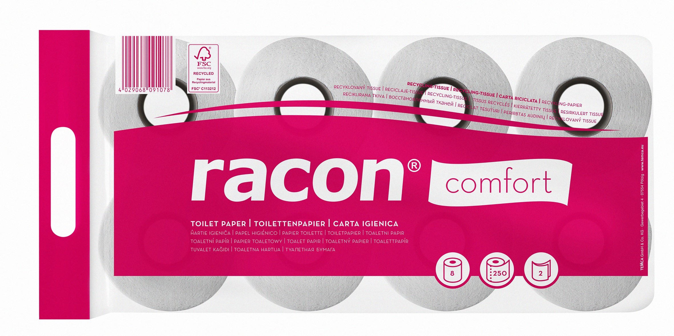 TEMCA racon comfort Toilettenpapier weiß, 2-lagig - 64 Rollen á 250 Blatt Recycling-Tissue