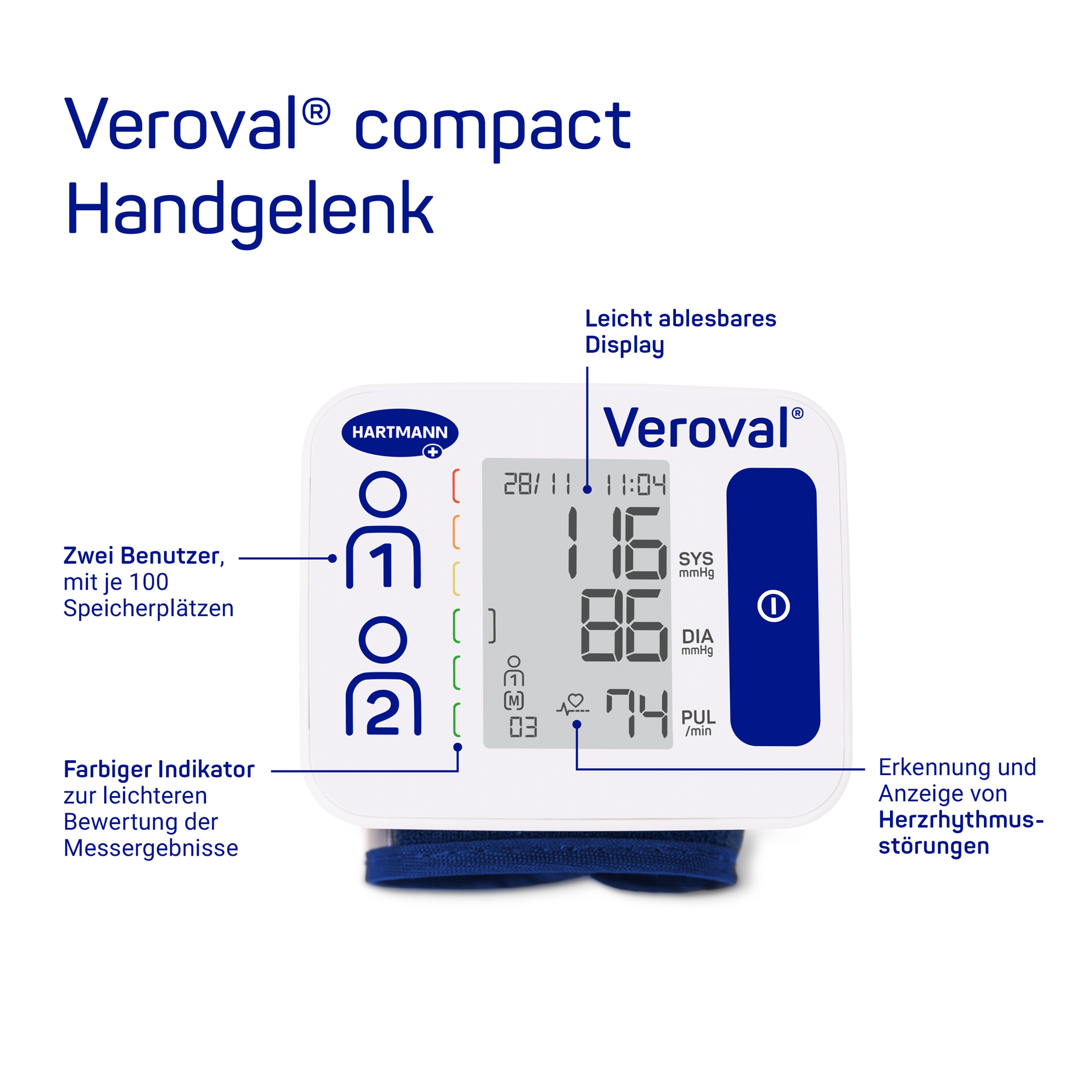 Hartmann Veroval Compact Handgelenk-Blutdruckmessgerät – Vollautomatische Messung