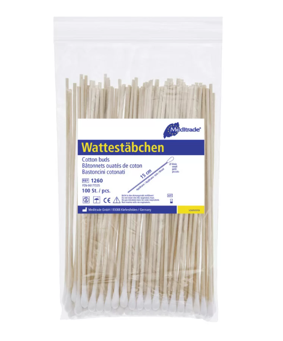 Watteträger - Unsteril, Mittlerer Kopf, 15 cm lang mit Holzstäbchen